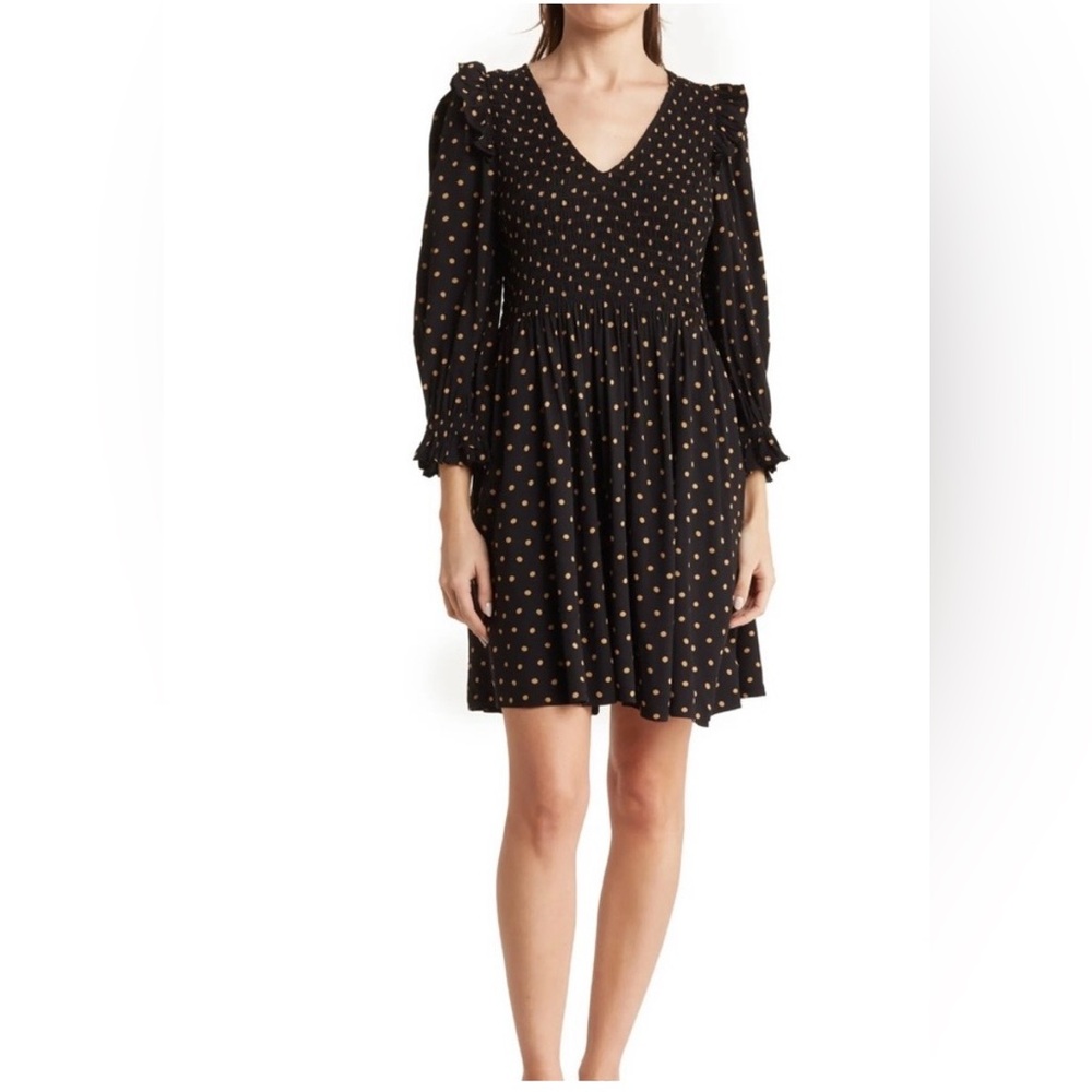 Madewell Lucie Oval Dot V Neck Smocked Mini Dress Size L Pockets Comfort Folk